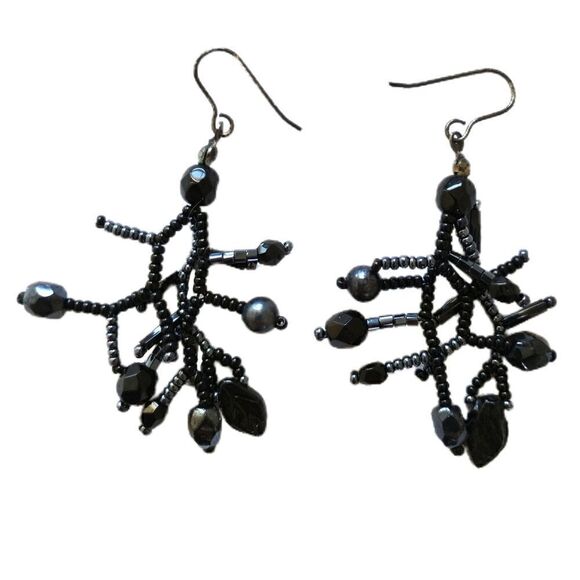 Faux Coral Bead Earrings Dangle Black Iridescent Bohemian Beach Nautical Beaded - Picture 2 of 16